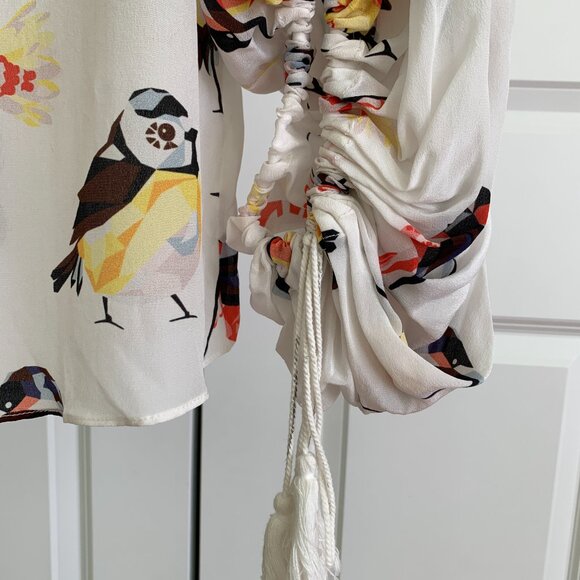 LOVE BINETTI Womens Sz L Geometric bird print Blouse 100% silk - Picture 4 of 14